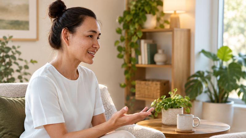 A woman talking warmly in a calm, plant-filled consulting room
